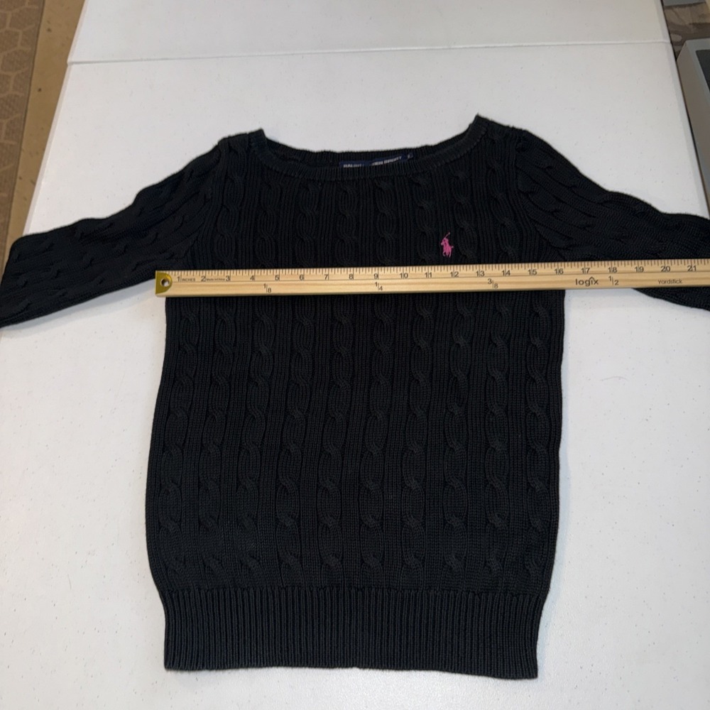Ralph Lauren Golf Sweater Womens Small Black Cable Knit Crewneck Pink Pony VTG - Picture 4 of 10